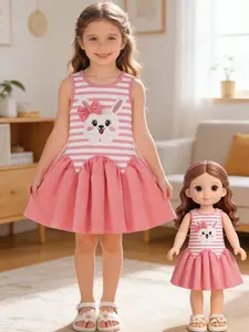 Adorable Cartoon Rabbit Print Bow Tie Sleeveless Tank Dress Girls' Striped Dress, Perfect for Birthday Parties, Outdoor Shopping, Easter Essentials