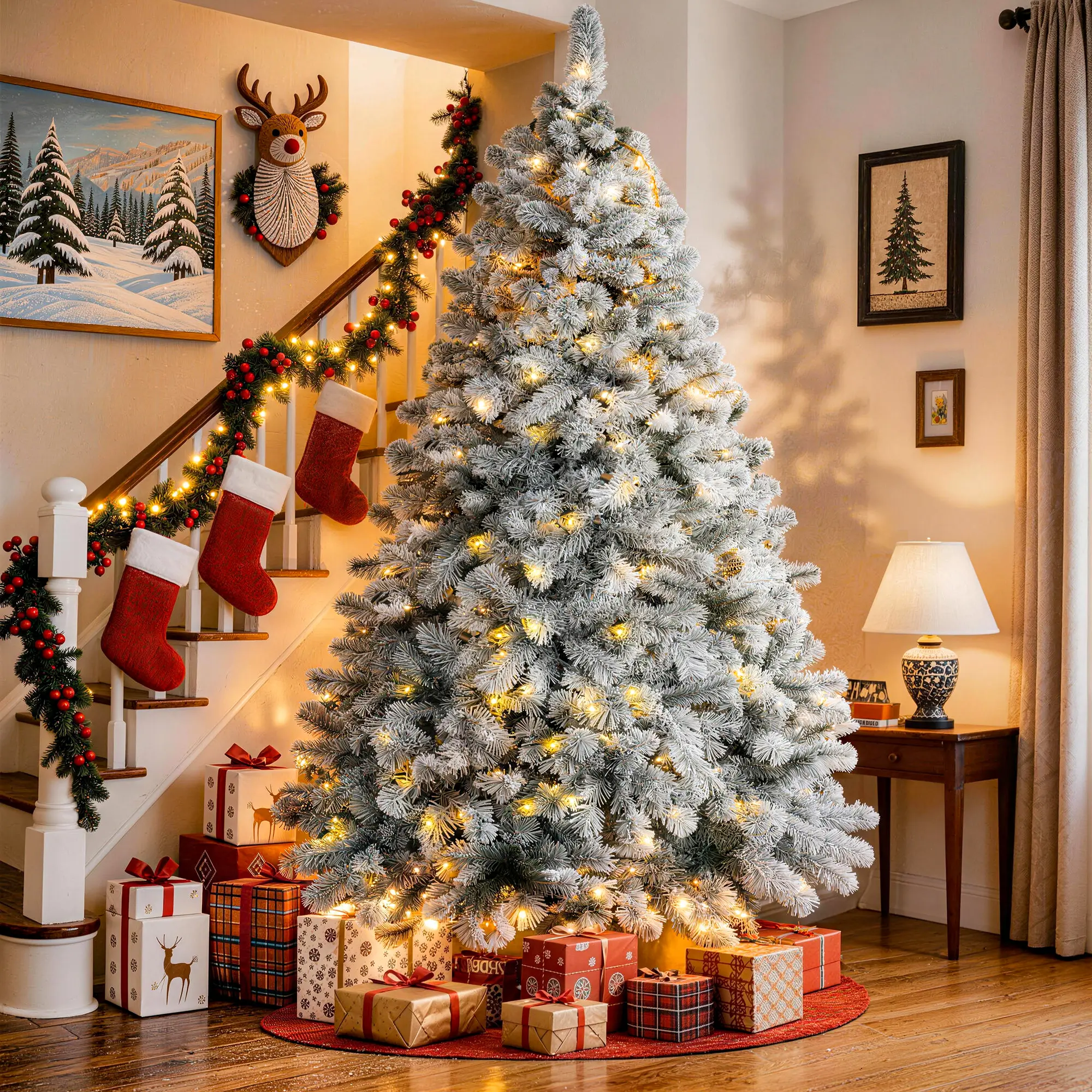 Lubrew 6.5FT Pre-Lit Snow Flocked Christmas Tree, Artificial Pine with 250 Multi-Color LED Lights, 900 Flocked Branch Tips, Metal Hinges & Sturdy Base, for Home Office Party Xmas Decor