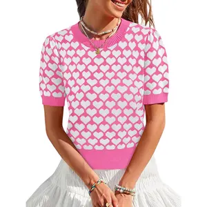 Women Puff Short Sleeve Sweater Casual Cropped Knit Shirts Cute Heart Holidays Graphic Print Pullover Jumper Tops 2025