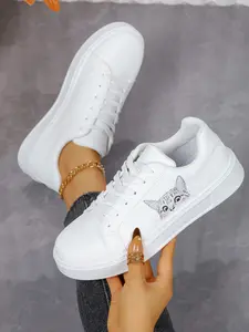 Women's New Round Toe Tie-Strap Cat Print Sneakers, Simple Cartoon Animal Casual Board Shoes, Ideal for Daily Commute, Campus, Shopping