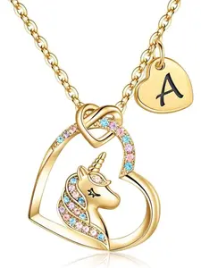Letter A-Z Colorful Zircon Copper Heart Pendant Children Jewelry Unicorn Necklace, Cute Style, All Seasons, Necklace For Daughter