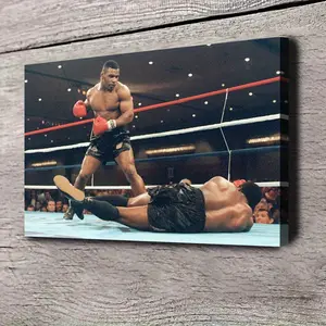 A flat art piece, a unit, frame depicting Tyson knocking out Trevor Berbick, marking his rise to becoming the world heavyweight champion. Suitable canvas poster for decorating living rooms and bedrooms