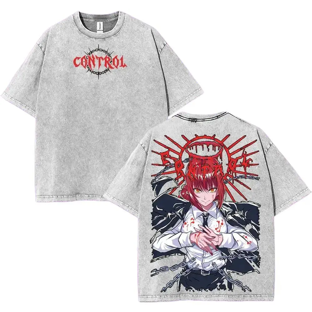 Men's Chainsaw Man Makima Graphic Menswear T-Shirt - Unisex Short-Sleeve Heavyweight Washed Soft Cotton Fabric Top with 2-Sided Print, Kangaroo Pocket, Pre-Wash
