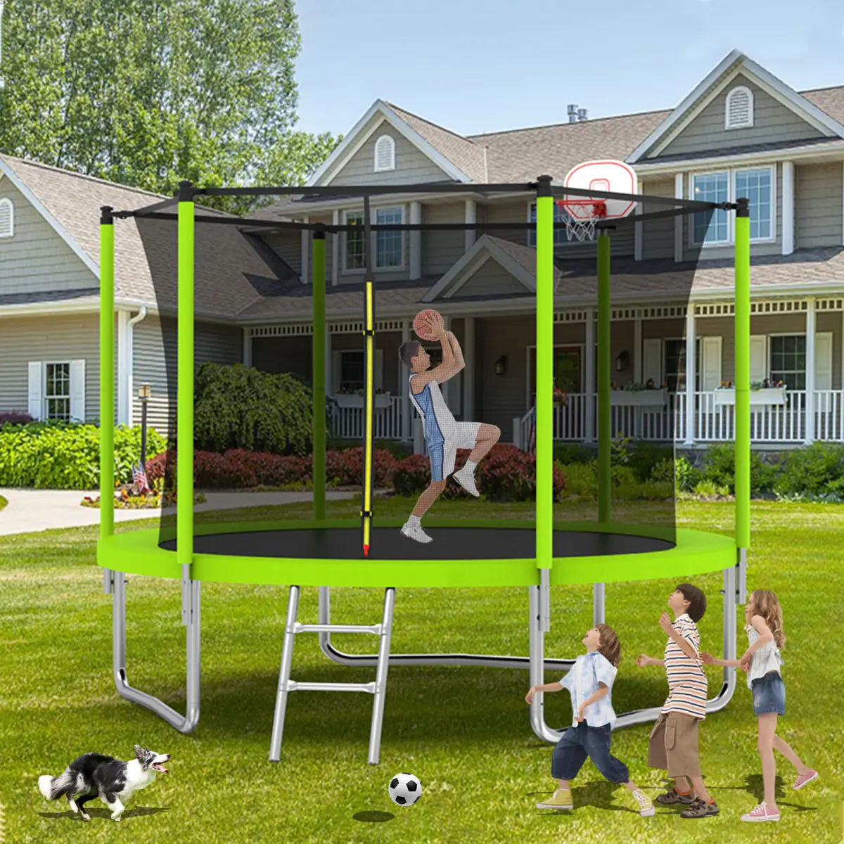 10FT Trampoline for Kids Teens Adults, Basketball Hoop and Ladder, Outdoor Kids Trampoline with Safety Enclosure,Fast Assembly for Backyard Fun,ASTM Approved, Safety Net, Steel