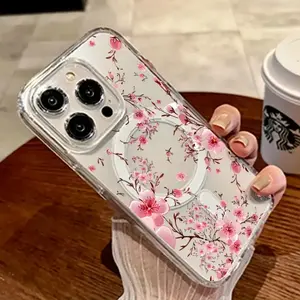 Romantic Pink Cherry Blossom MagSafe Phone Case for iPhone 15/17/16/14 12/13/11 Pro Max/Plus/Pro Durable TPU Edge Clear Back Floral Casing Shockproof Protective Protection Cellphone Flower