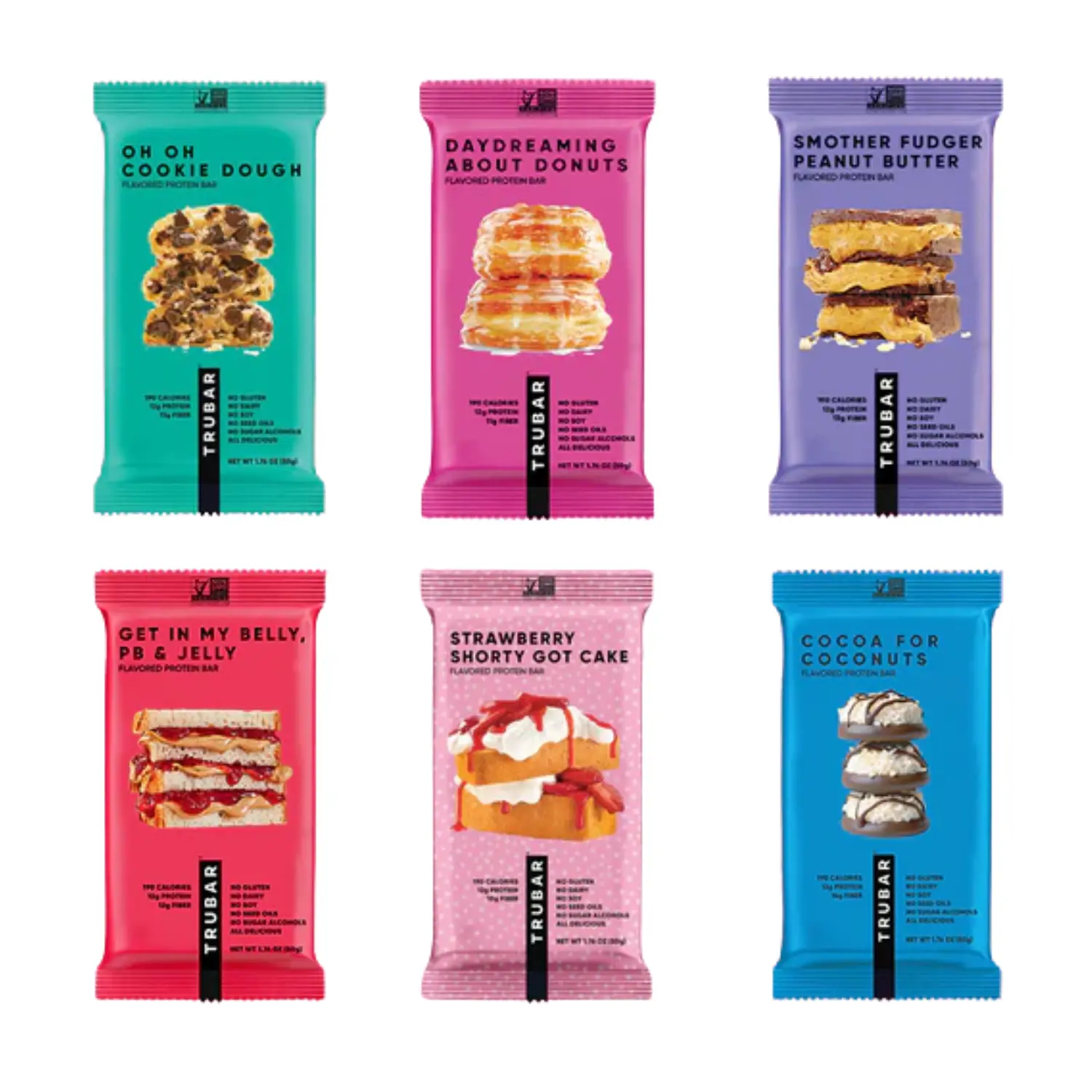 TRUBAR Protein Bars - 12 Bars, Sweet Delicious Fiber-Infused Plant-Based Healthy Snacks to Buy, Dessert-Inspired Flavors, 12g Vegan Protein, 190 Calories, Gluten/Dairy/Soy-Free, No Seed Oils, Multiple Flavors Box