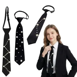 3PCS Black Pre-tied Ties with Artificial Pearls Adjustable Uniform Neckties Elegant Neckwear for Party Prom Banquet Date