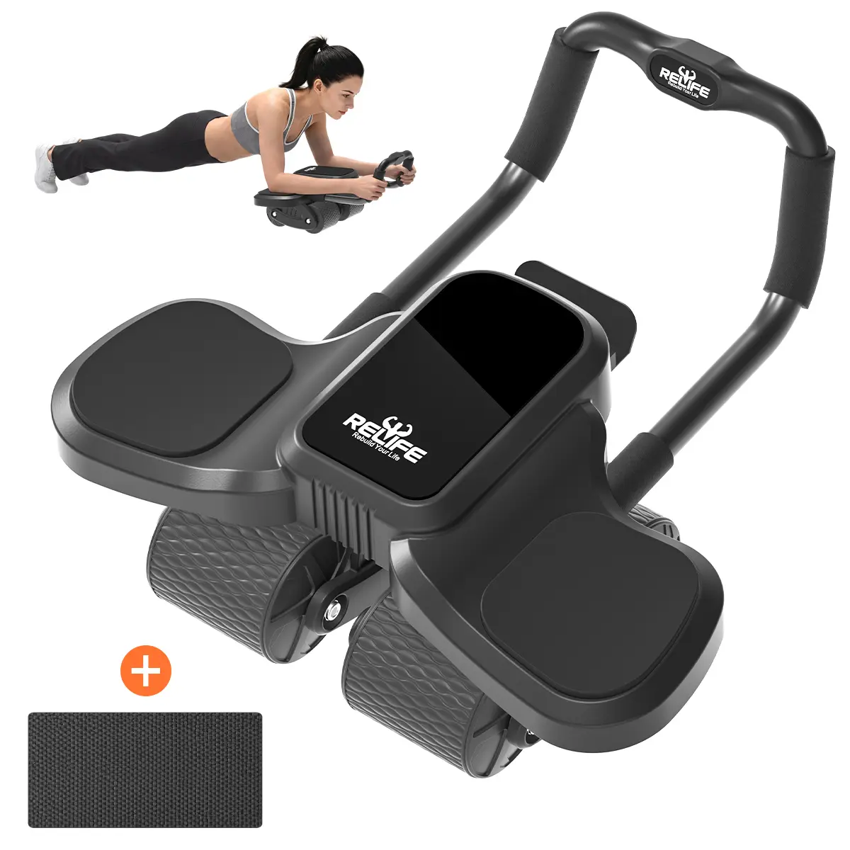 RELIFE REBUILD YOUR LIFE 4-Wheel Ab Roller with Elbow Support, Automatic Rebound Abdominal Exercise Machine with Adjustable Foam Pads, Quiet Wheels & Phone Holder for Home Gym Core Workout