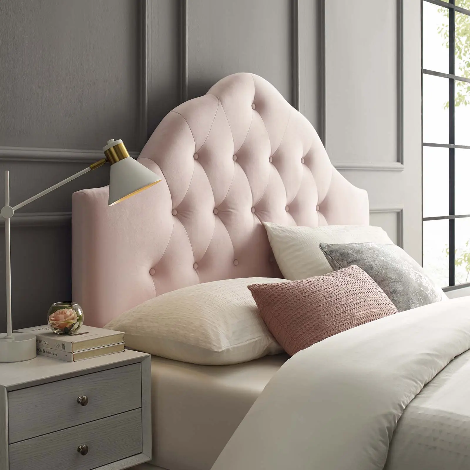 Modway Sovereign Queen Diamond Tufted Performance Velvet Headboard in Pink