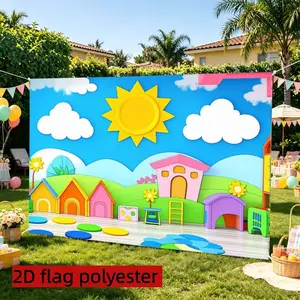 2D flat 1pc polyester cartoon kindergarten background cloth, mainly in bright blue and green colors, with sun, clouds, colorful cabins and childlike elements, suitable for kindergarten activities, birthday parties, fairy tale theme activities,