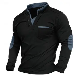 2025 Men's Autumn Standing Collar Sweatshirt - Patchwork V-Collar Polo Long Sleeve with Pocket
