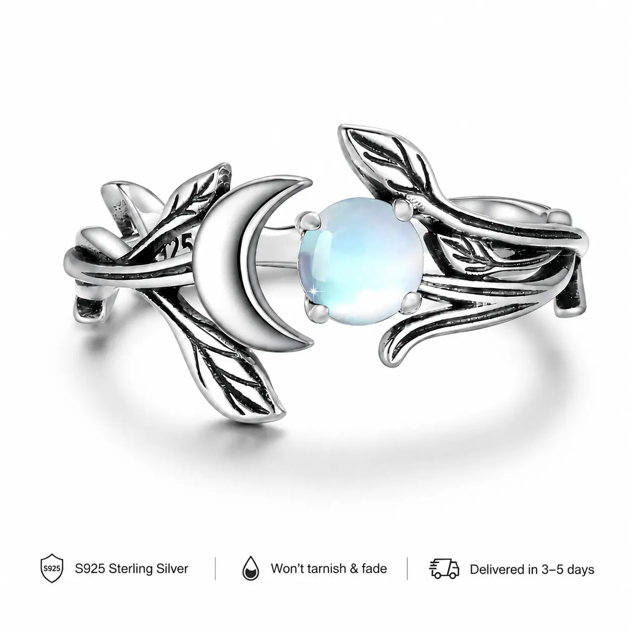 Moonstone Crescent Moon Open Ring for Women, 925 Sterling Silver Adjustable Ring with Leaf Vine Design, Celestial Moonstone Statement Ring, Nature Inspired Jewelry Gift for Her