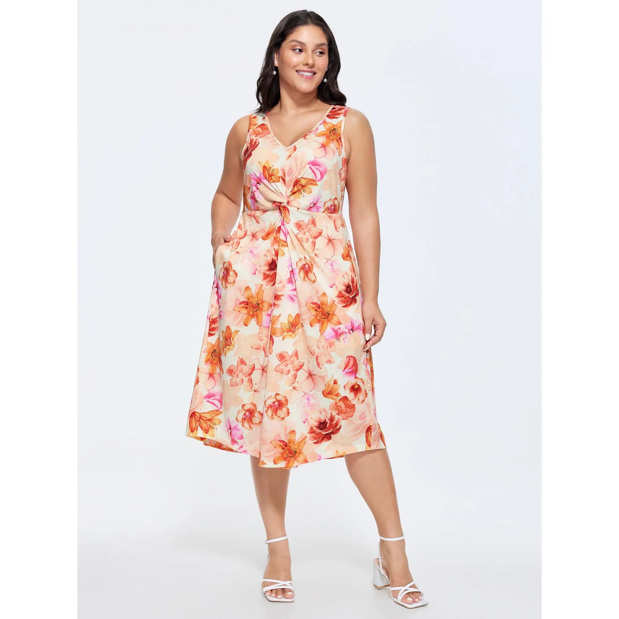 BloomChic Plus Size Romantic Orange Floral Maxi Dress, Casual Sleeveless Stretch Polyester with a Twist Waist and Side Pocket, Lady, Women's Dresses, Romantic Floral, Polyester Blend