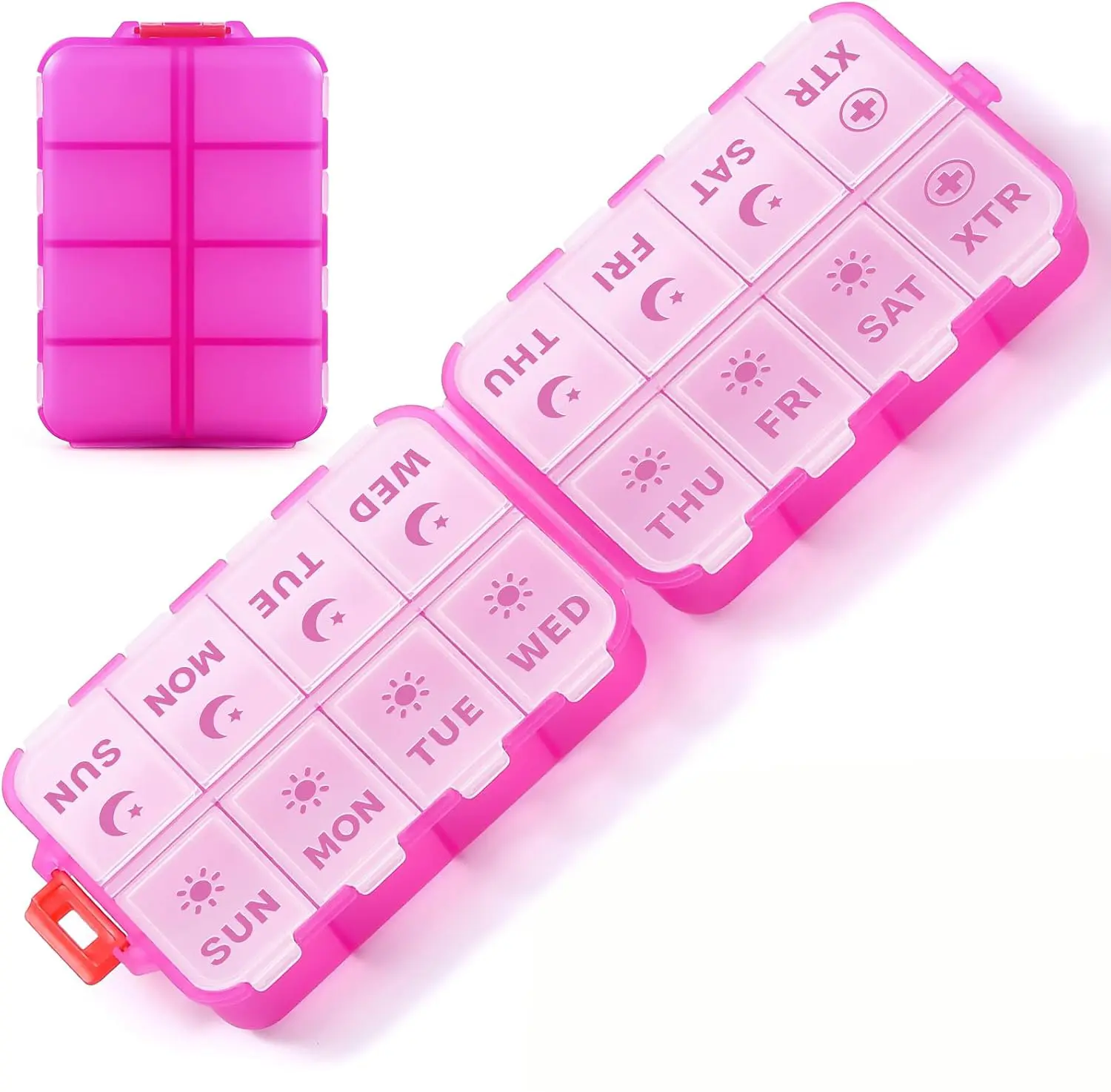 7-Day AM-PM Plastic Pill Box - Compartmentalized, Foldable, 2 Extra Compartments, Etched Labels, Portable Vitamins Holder for Travel & Daily Management - Blush Pink, Plastic Material