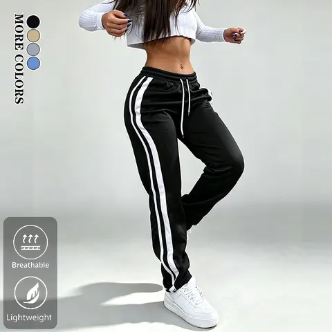 Women's Striped Waist Polyester Activewear Sweatpants - Elastic Straight-Leg Regular Size Sportswear Bottoms with Elegant Slanted Pockets, Side Stripes, All Seasons, Everyday Casual Wear
