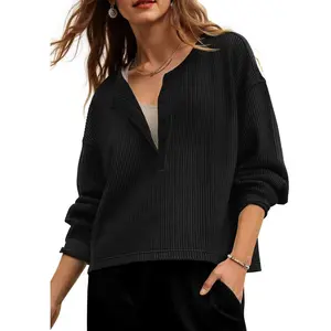 Fisoew Womens Cropped Sweatshirt Casual Waffle Knit Button V Neck Long Sleeve Loose Fit Fall Crop Tops