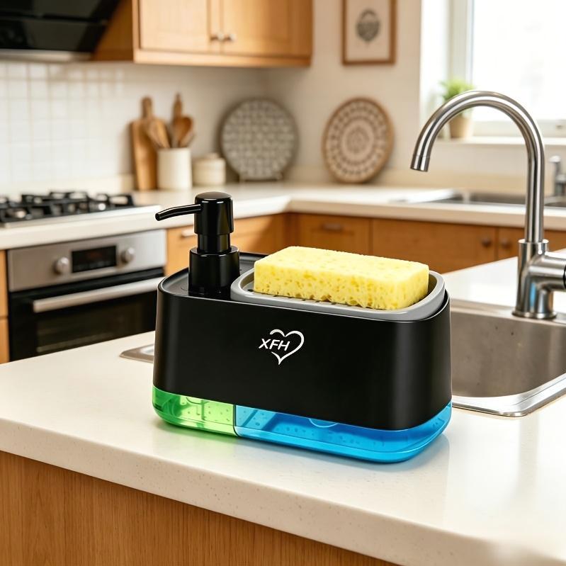 1pc Multi-Function Soap Dispenser with Built-In Sponge Holder - Leak-Proof, Battery-Free Pump, Space-Saving, Hygienic Hands-Free Design for Kitchen Bath Countertop Organizer - Durable Rectangular Gift Option