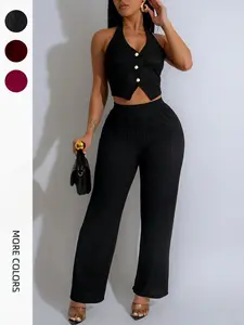 Elegant Halter Top & High Waist Pants Set, Fashionable Versatile, Fit, Perfect for Dates, Parties, and Daily Wear, Women, Womenswear