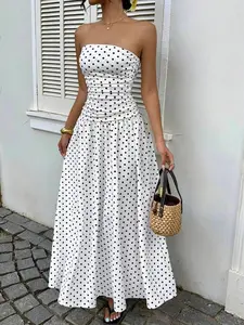 Women's Polka Dot Waist-Cropped Crop Top Dress, Vacation Style, Long Sun Dress, Casual Summer Midi Dress, Elegant Design