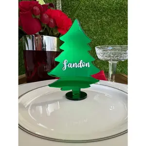 Name Place Card Christmas Tree Personalized | Custom Guest Card | Holiday Place Setting in Green Mirror | Engraved | Printed Acrylic