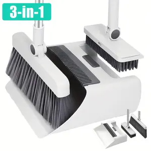 Upgraded Broom And Dustpan Set With Dustpan Teeth, Self-Cleaning, Indoor And Outdoor Cleaning, Very Suitable For Dogs And Cats Pets At Home, Upright Broom And Dustpan (Blue Gray And White) Comfortable