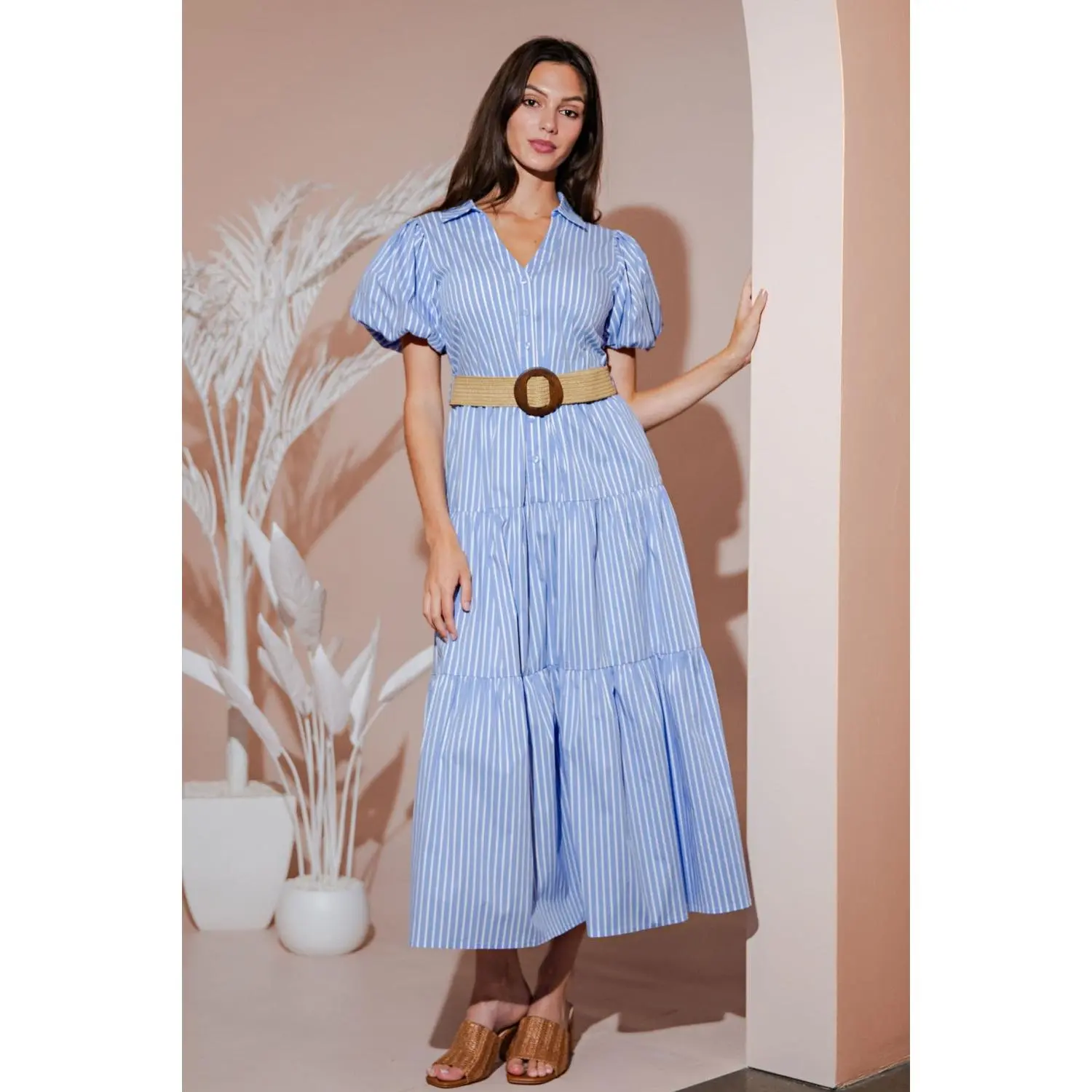 Women's Lightweight Poplin Collared Shirt Dress - Puffed Sleeves, Belted Waist, Tiered Skirt, Button-Front, Breathable Soft Fabric, Casual Everyday Feminine Wear
