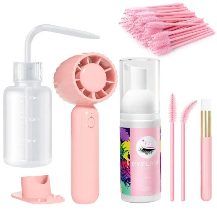 Buqikma Lash Cleaning Kit - Lash Shampoo Kit 60ML with Rechargeable Handheld Fan Dryer, Mascara Brush, Rinse Bottle, Makeup Cleansing Foam for Eyelash Extension Care, Pink