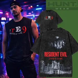 Resident Evil 9 Washed Tshirt, Sweater, Hoodie Village Graphic Tee, gamer Tee, Cotton Menswear Casual Classic graphic tees Streetwear Fabric Soft Top Collar