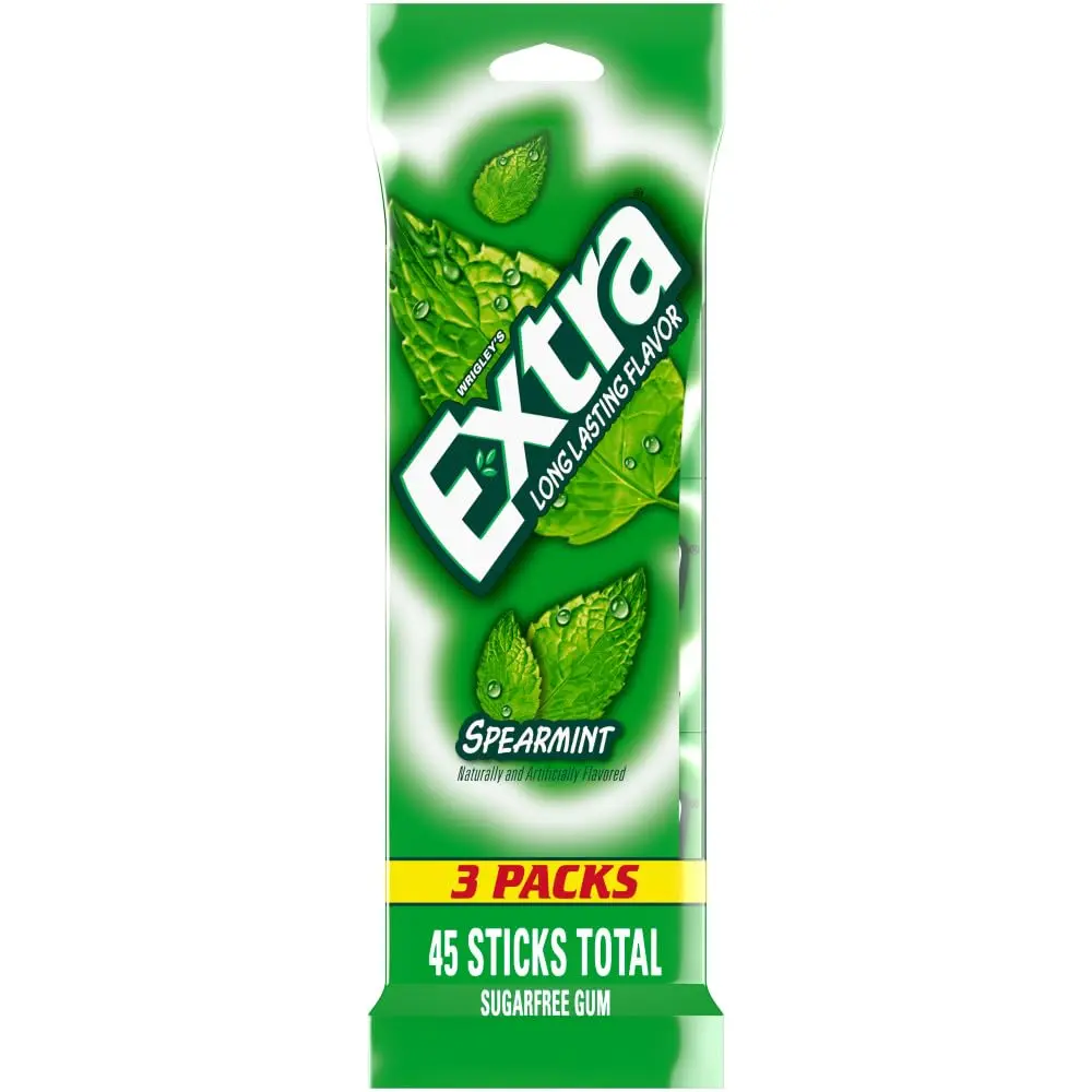 Spearmint Sugar Free Chewing Gum, 3 Pack Bulk Gum (45 Sticks Total), Long-Lasting Fresh Breath, Individually Wrapped