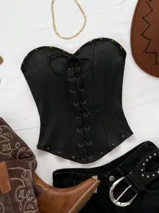 Glamine Trendy Outfit Sexy Suede Bandeau Tie-Up Rivet Deconstruct Crop Top Brown Tops for Women Perfect for Coffee Date and Afternoon Tea Party