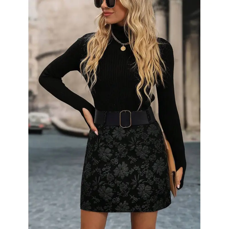 Women's Solid Color Jacquard Mini Skirt, Does Not Include Belt