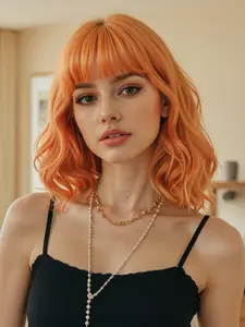 12 Inch Orange Short Curly Wigs for Women, Gorgeous Fluffy Wigs with Bangs, Synthetic Full Machine Made Wigs for Party, Daily Use