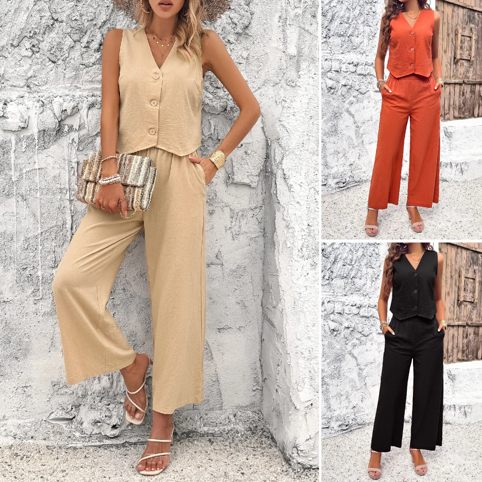 Women's 2-Piece Minimalist Basic Solid Matching Clothing Set - Loose Linen-Viscose Fabric Sleeveless Button-Down Shirt, Wide-Leg Pocket Pants, Elegant Beach Lounge Wear, Orange/Black/Khaki, S-XL campingessentials