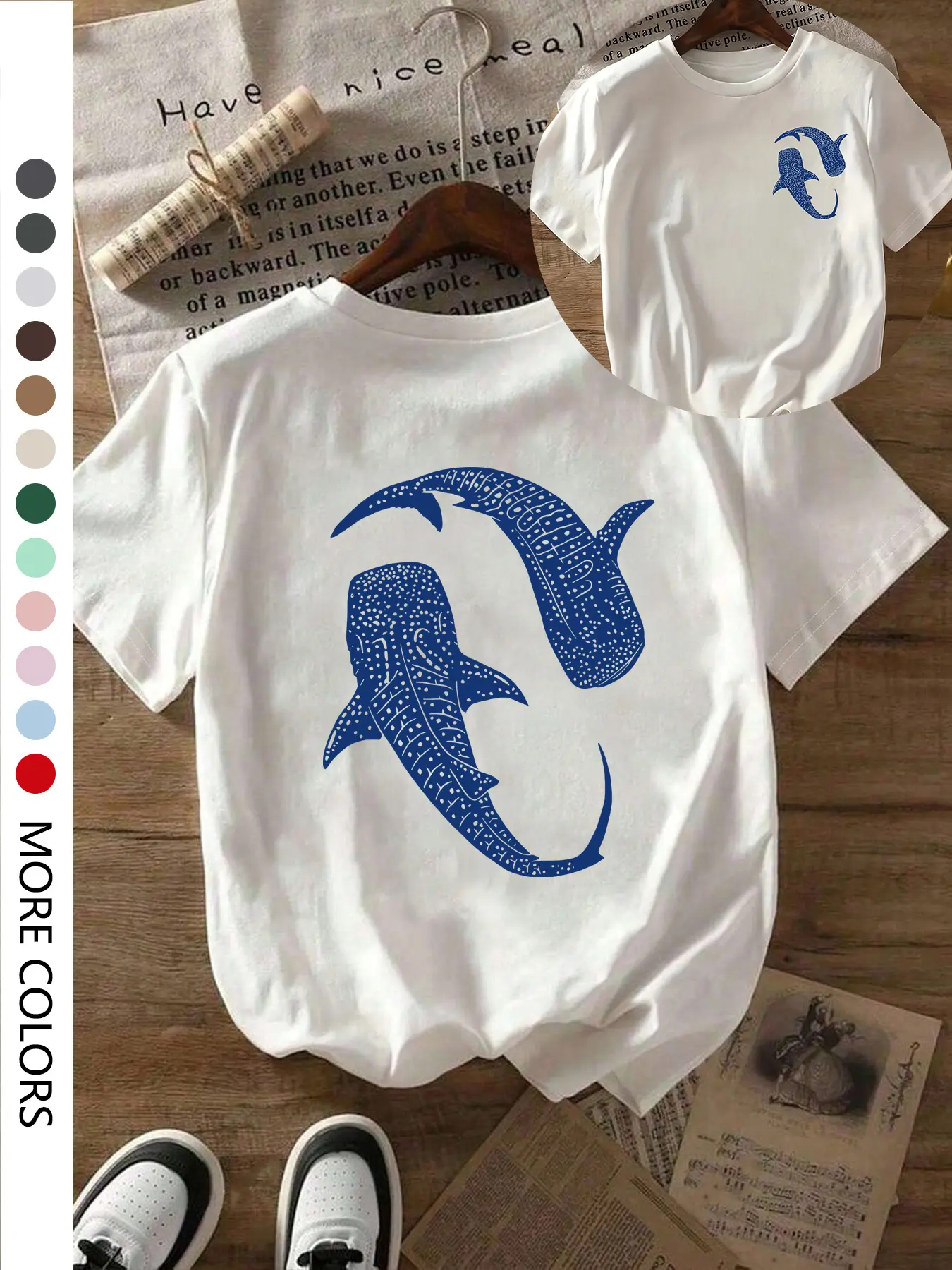Women's Whale Print Round Neck T-Shirt, Casual Graphic Tee Perfect for Everyday and Outdoor Wear, Loose-Fitting Thin Fabric Top, Womenswear