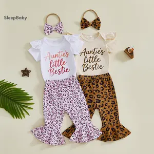 Baby Girl 3-Piece Spring Baby Clothing Set - Letter Short Sleeve Romper, Leopard-Pattern Flare Pants, Bow Headband