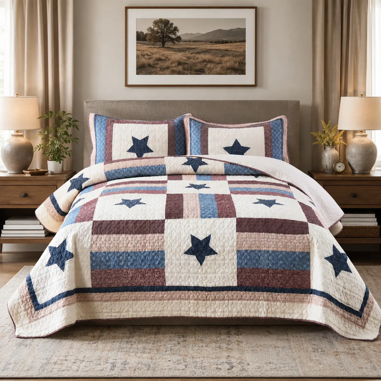 Cotton Bedding Quilt Sets 3 Pieces Reversible Coverlet Sets All Season Boys Real Patchwork Bedspread,Star Pattern,Queen Size | Breathable material, Cotton bedspread, Handmade patchwork, Jacquard stitching, Star reversible, Machine washable