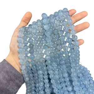 Natural Blue Aquamarine Gemstone Smooth Round Loose Beads 15.5 Inches Long AAA Quality for DIY Jewelry Making Bracelet Necklace Earrings Semi Precious Stone Spacer Beads 4mm-12mm Sizes