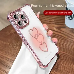 iP 17 Pro Max/16 Pro Max Quadrilateral Airbag Shockproof Women's Phone Case 15 Full Protection 14 Plus 15 Pro 13 Max 12 Phone Cover Shockproof and Anti-Drop With Glitter Powder Lens Film Heart-shaped Design Smart Phone Protector