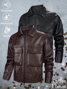 Casual fashion waterproof, windproof, abrasion-resistant and crease-resistant leather jacket with lapel collar and large pockets, Coats, versatile, relaxed-fit outdoor sports jacket suitable for daily commuting, wilderness exploration, hiking and fi