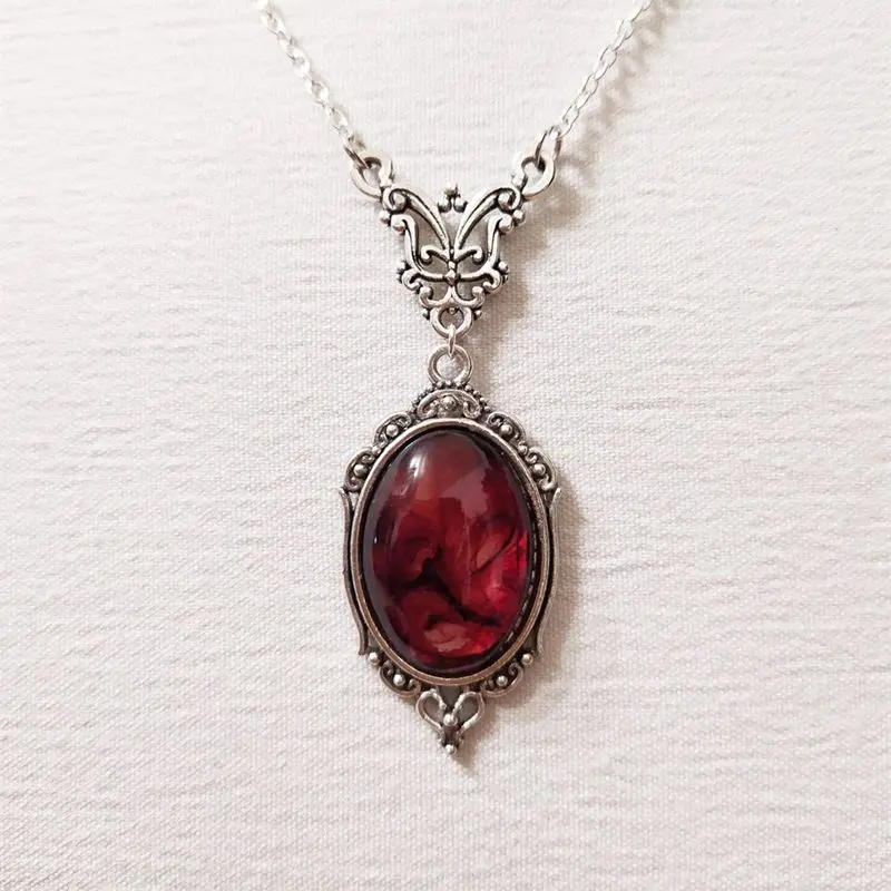 Women's Gothic Embossed Detail Blood Red Quartz Stone Charm Necklace - Oval Pendant Vintage Choker for Halloween Vampire Witch Costume Jewelry, Halloween Wear