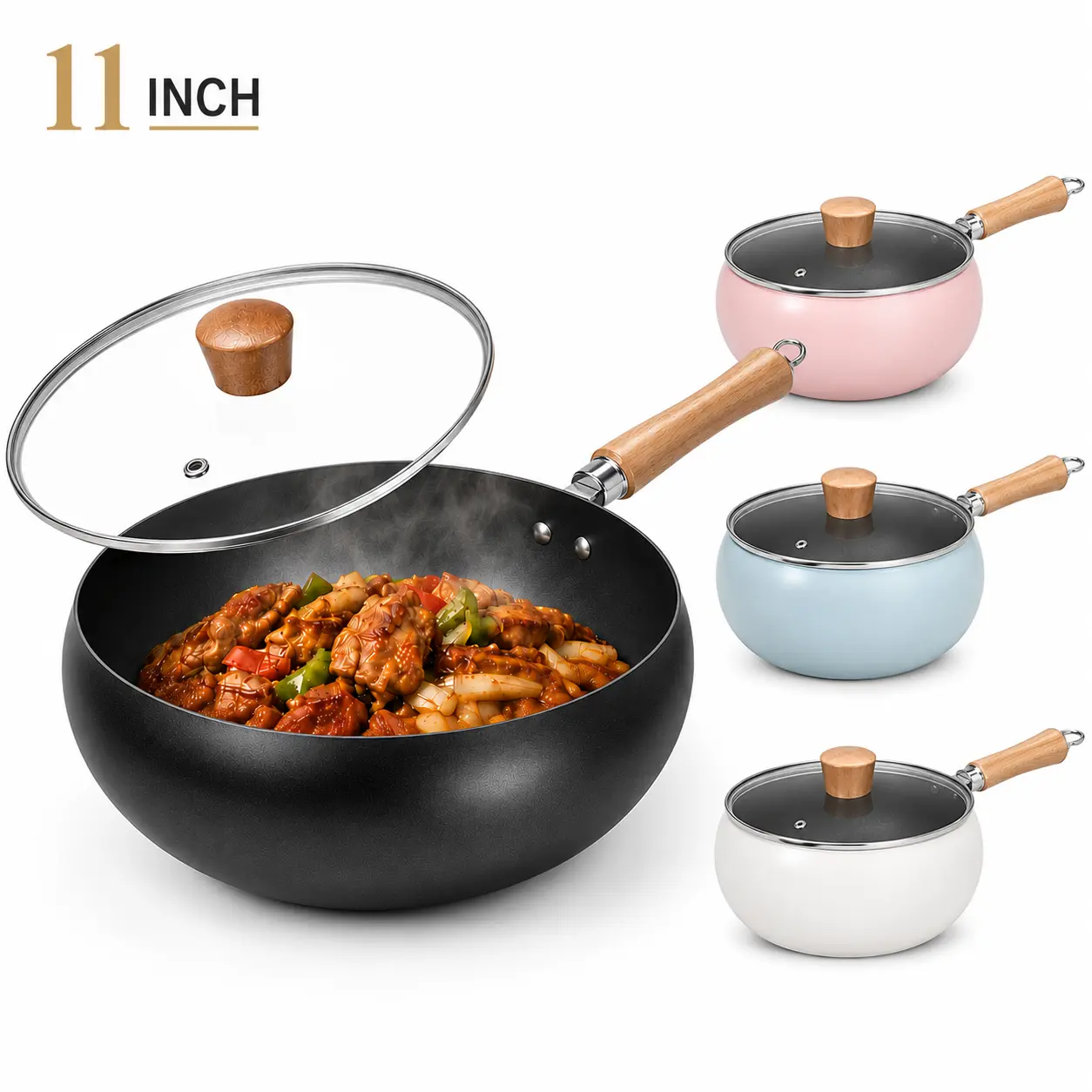 Upgraded 9.5"/11" Cast Iron Wok Pan with 4.0mm Tempered Glass Lid, Titanium-Enhanced Nonstick Surface, 1.4mm Thick Body, Scratch & Rust Resistant, Easy-Clean Stir Fry Skillet, Black, Pink, Blue, White