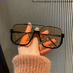 Unisex Oversized Square Sunglasses - Retro Double-Bridge Metal Frame, Semi Rimless Blue Light Blocking AC Lens Eyewear, Trendy Large Shades for Female Driving & Daily Casual Wear, Blue Light Glasses
