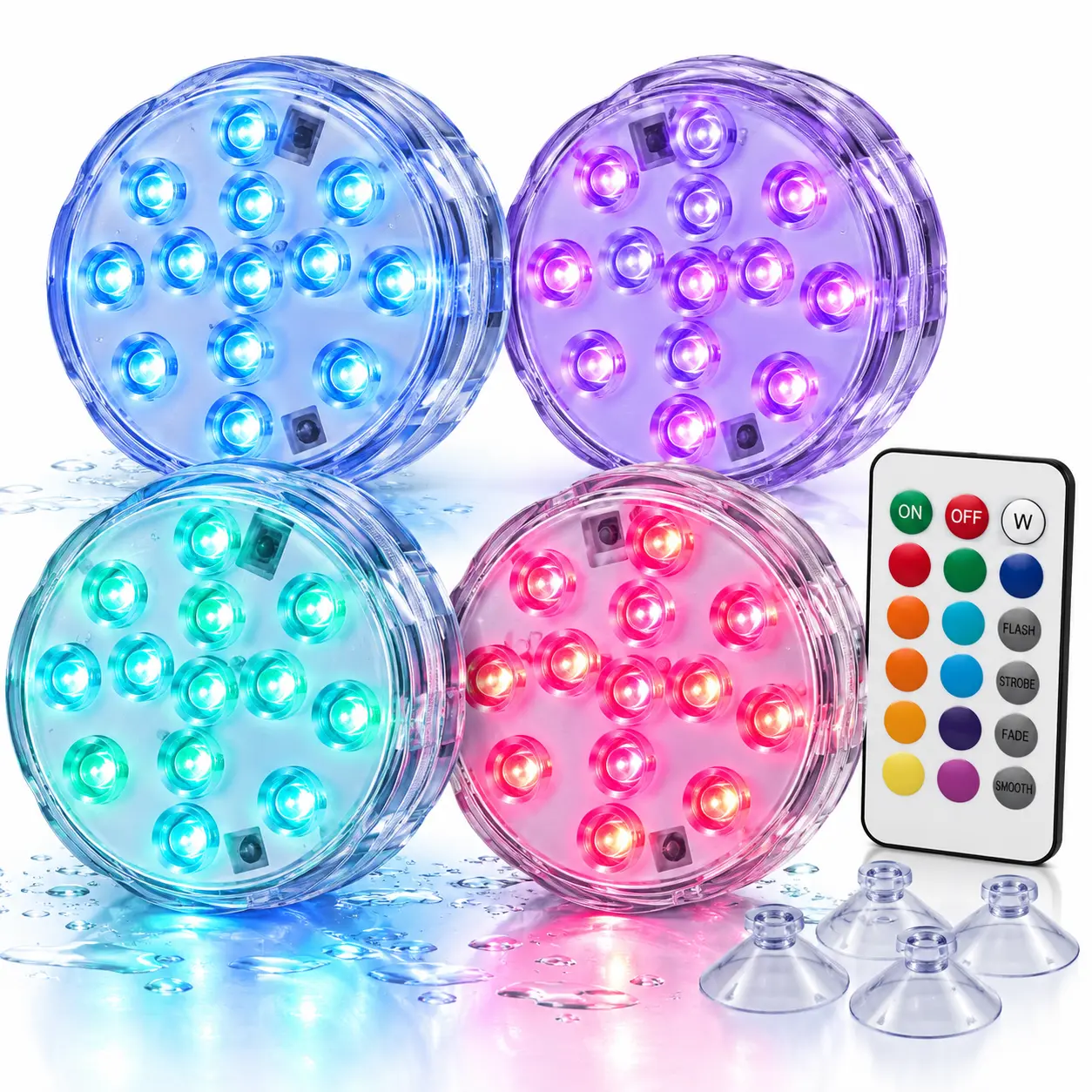 4 Pack 13 LED Submersible Pool Lights with Remote, Color Changing IP68 Waterproof Underwater Lights, Battery Operated Lights for Pool, Hot Tub, Bathtub, Pond, Aquarium, Vase & Party Decor