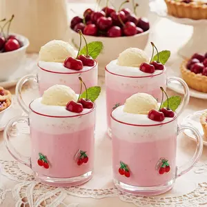 4 Pack Cherry Icon Juice Glasses 14oz Red  Coffee Mug with Handle Clear Drinking Fruit Icon Glass Cup for Summer Fruit Party Mother's Day Birthday Bridal Shower Gifts (Cherry)