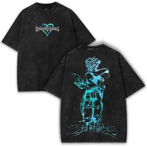 Valentine Sora Silhouette Kingdom Hearts Washed Oversized Vintage Tee Neon Blue Graphic Streetwear Anime Collector Edition Casual Soft Cotton Top Urban Fashion Daily Wear Retro Style Gift For Gaming Fans