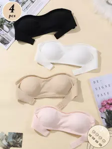 Seamless Invisible No Show Wireless Bandeau, 4 Pack Includes Leopard Print, Soft Support Push Up Lift, Non-Slip Stay Up Design, Removable Pads, Everyday Versatile Underwear