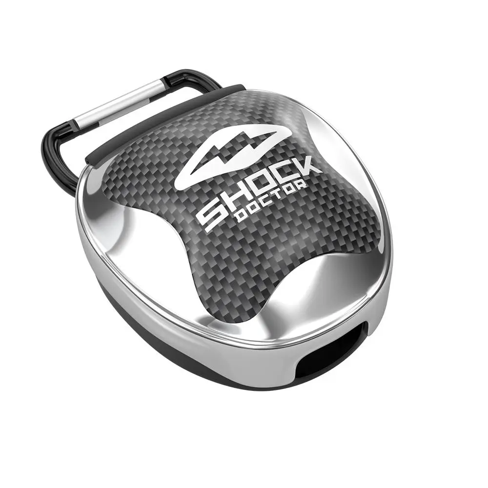 Shock Doctor Chrome Silver Protective Mouthguard Lip Guard Case Universal Secure Storage for Adults & Youth Heavy Duty Ventilated with Carabiner Attachment System