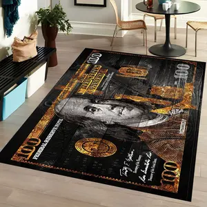 Luxury Black & Gold 100 Dollar Bill Area Rug |   Modern "Hustle" Aesthetic Money Carpet |   Benjamin Franklin Statement Rug for Office, Bedroom & Living Room |   Premium Soft Plush Floor Mat