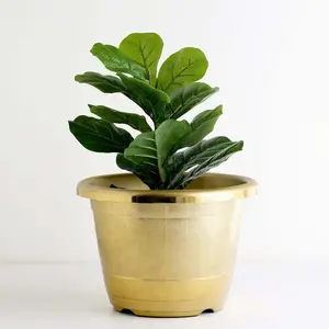 14" Gold Shiny Finished Rim Large Barrel Planter Pot, Indoor Outdoor Decorative Flower Pot