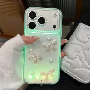 Sound-Control Glowing Resin Bow Phone Case, Creative Couple Style, Fits iPhone 13/14/15/16/17 Pro/plus/pro Max, Unique Call Light Cover